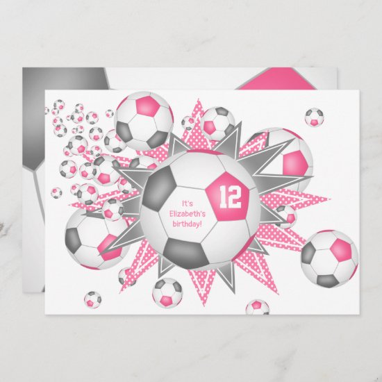 kids sports birthday pink gray soccer ball blowout announcement