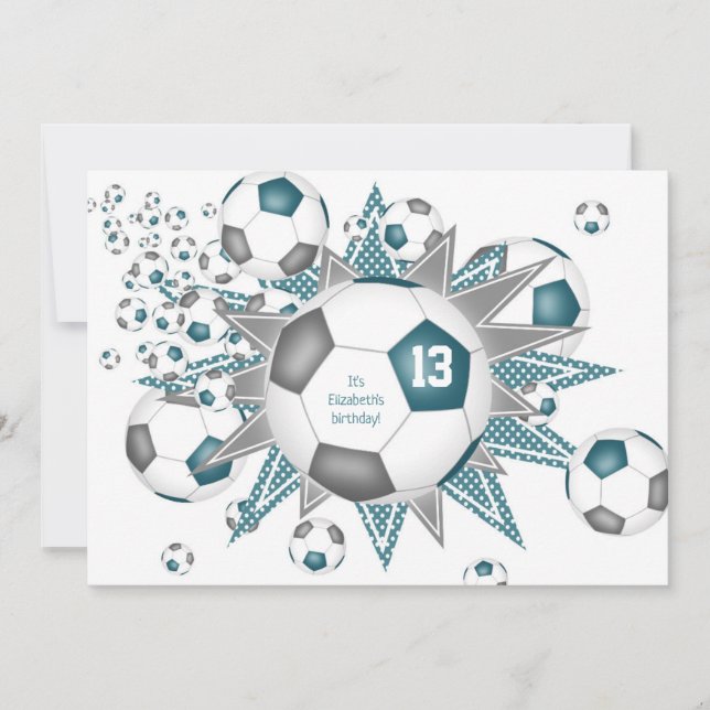 kids sports birthday teal gray soccer ball blowout announcement (Front)