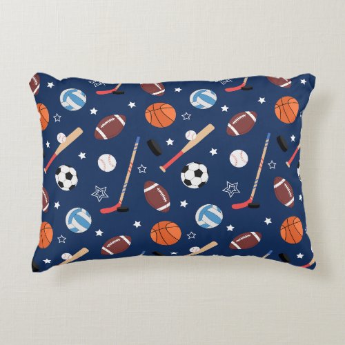 Kids Sports Equipment Pattern on Blue Accent Pillow