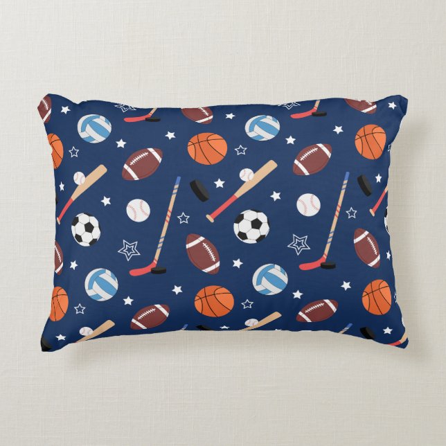 Kids Sports Equipment Pattern on Blue Accent Pillow (Front)