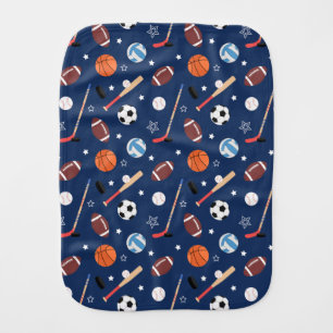 Kids Sports Equipment Pattern on Blue Baby Burp Cloth