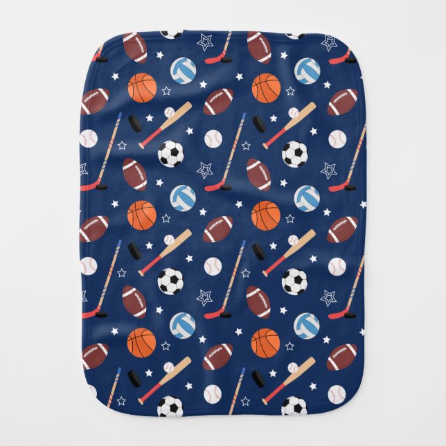 Kids Sports Equipment Pattern on Blue Baby Burp Cloth (Front)