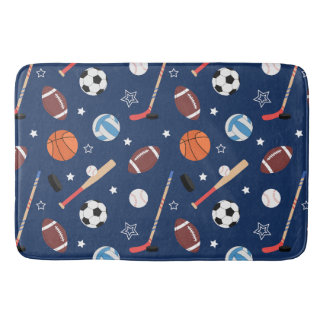 Kids Sports Equipment Pattern on Blue Bathroom Bath Mat