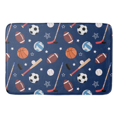 Kids Sports Equipment Pattern on Blue Bathroom Bath Mat