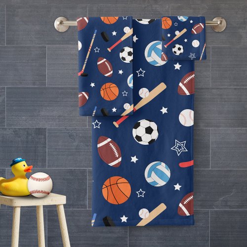 Kids Sports Equipment Pattern on Blue Bathroom Bath Towel Set