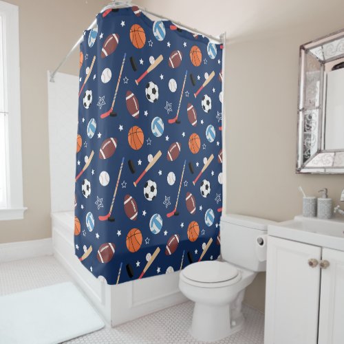 Kids Sports Equipment Pattern on Blue Bathroom Shower Curtain
