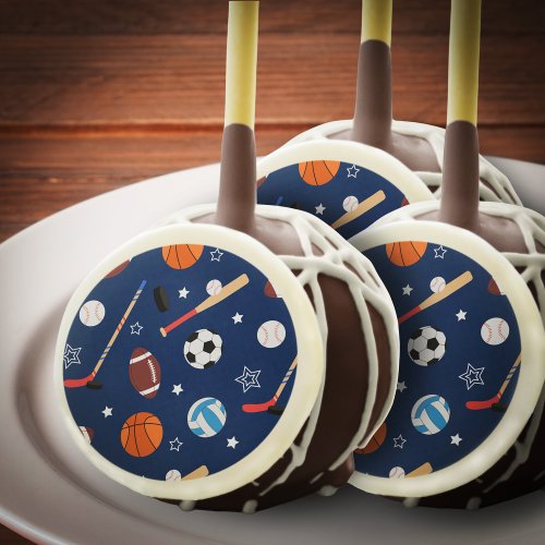 Kids Sports Equipment Pattern on Blue Birthday Cake Pops
