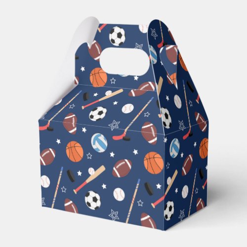 Kids Sports Equipment Pattern on Blue Birthday Favor Boxes