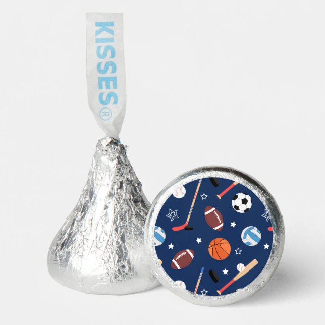 Kids Sports Equipment Pattern on Blue Birthday Hershey®'s Kisses® (Front)