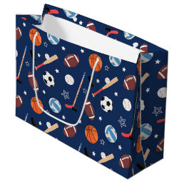 Kids Sports Equipment Pattern on Blue Birthday Large Gift Bag