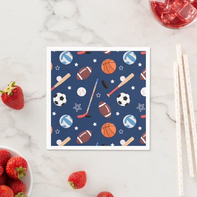 Kids Sports Equipment Pattern on Blue Birthday Napkins (Insitu)