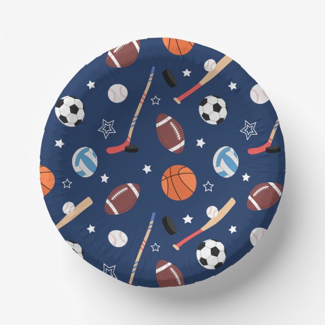 Kids Sports Equipment Pattern on Blue Birthday Paper Bowls (Front)
