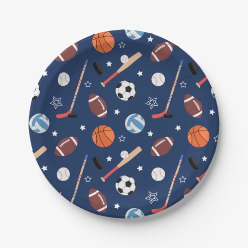Kids Sports Equipment Pattern on Blue Birthday Paper Plates