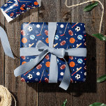 Kids Sports Equipment Pattern on Blue Birthday Wrapping Paper