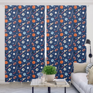 Kids Sports Equipment Pattern on Blue Blackout Curtains
