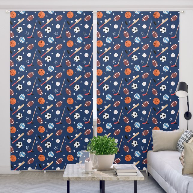 Kids Sports Equipment Pattern on Blue Blackout Curtains (Living Room)