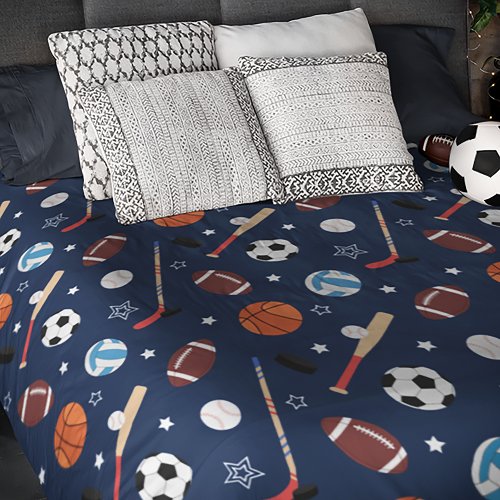 Kids Sports Equipment Pattern on Blue Duvet Cover