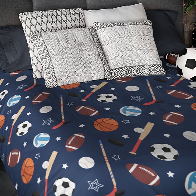Kids Sports Equipment Pattern on Blue Duvet Cover (Creator Uploaded)