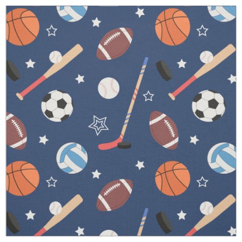 Kids Sports Equipment Pattern on Blue Fabric