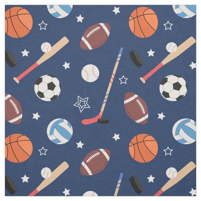 Kids Sports Equipment Pattern on Blue Fabric (Swatch)