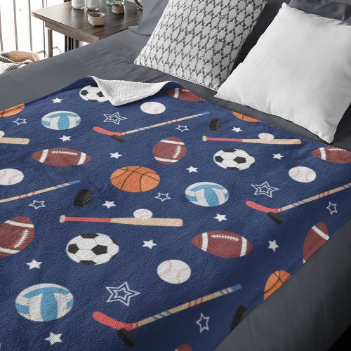 Kids Sports Equipment Pattern on Blue Fleece Blanket