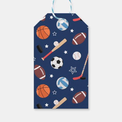 Kids Sports Equipment Pattern on Blue Gift Tags