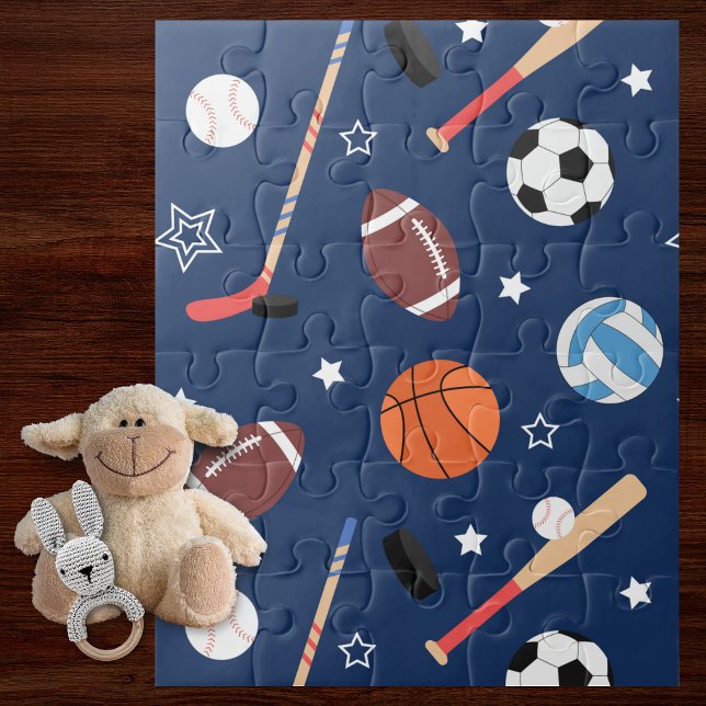 Kids Sports Equipment Pattern on Blue Oversized Jigsaw Puzzle (Creator Uploaded)