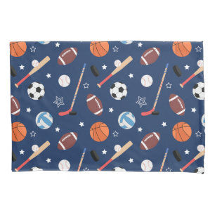 Kids Sports Equipment Pattern on Blue Pillow Case