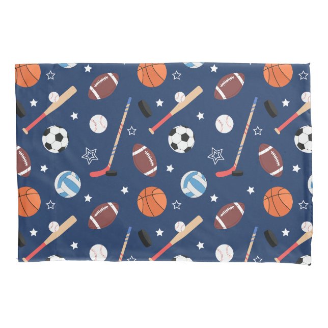 Kids Sports Equipment Pattern on Blue Pillow Case (Front)