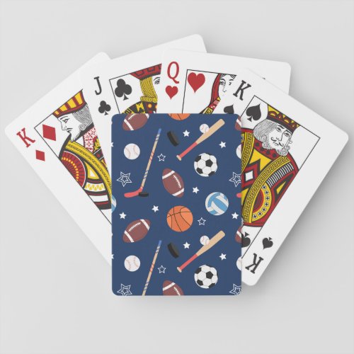 Kids Sports Equipment Pattern on Blue Playing Cards