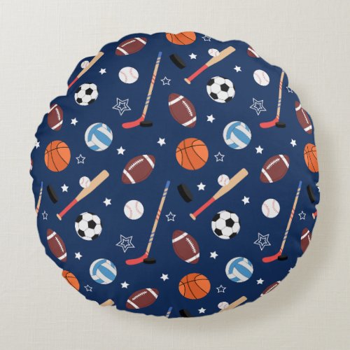 Kids Sports Equipment Pattern on Blue Round Pillow