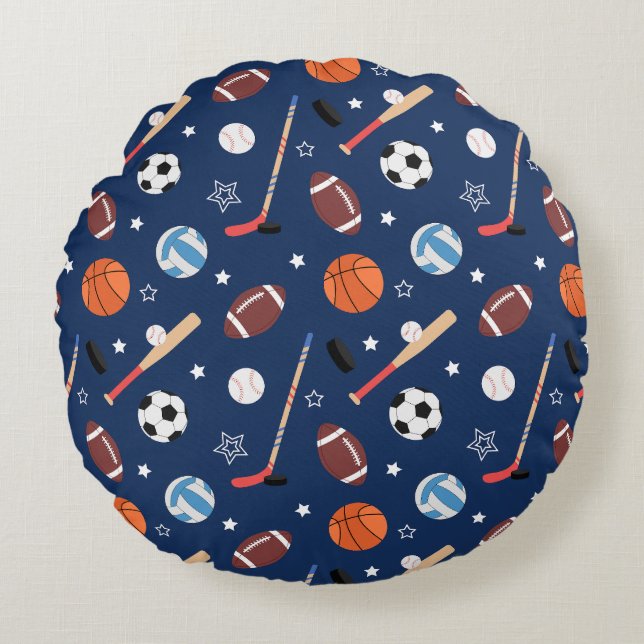 Kids Sports Equipment Pattern on Blue Round Pillow (Front)