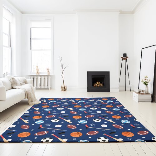 Kids Sports Equipment Pattern on Blue Rug