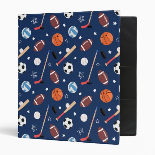 Kids Sports Equipment Pattern on Blue School 3 Ring Binder