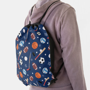 Kids Sports Equipment Pattern on Blue School Drawstring Bag