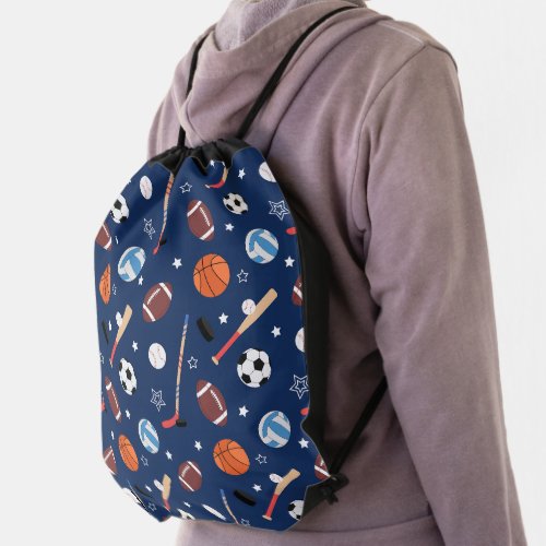 Kids Sports Equipment Pattern on Blue School Drawstring Bag