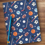 Kids Sports Equipment Pattern On Blue School Notebook at Zazzle