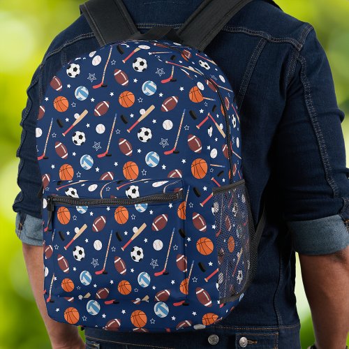 Kids Sports Equipment Pattern on Blue School Printed Backpack