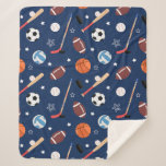 Kids Sports Equipment Pattern on Blue Sherpa Blanket