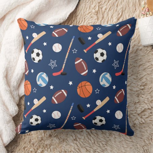Kids Sports Equipment Pattern on Blue Throw Pillow