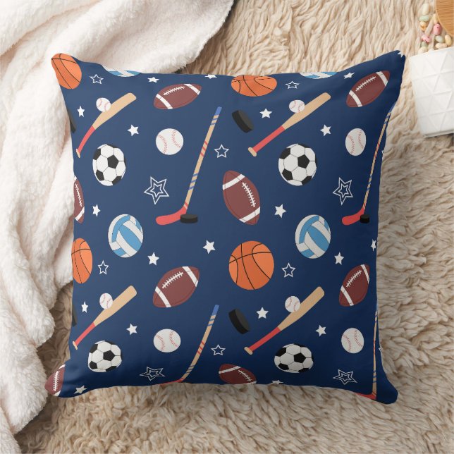 Kids Sports Equipment Pattern on Blue Throw Pillow (Blanket)
