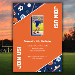 Kids Sports Equipment Pattern Photo Birthday Party Invitation<br><div class="desc">This fun custom kids sports equipment birthday party invitation has soccer balls, footballs, baseballs, volleyballs, hockey sticks and pucks, and baseball bats. The athletic gear is in a pattern on dark blue. In the center orange section, add your event details, like date, time, place, and RSVP information. Add a photo...</div>