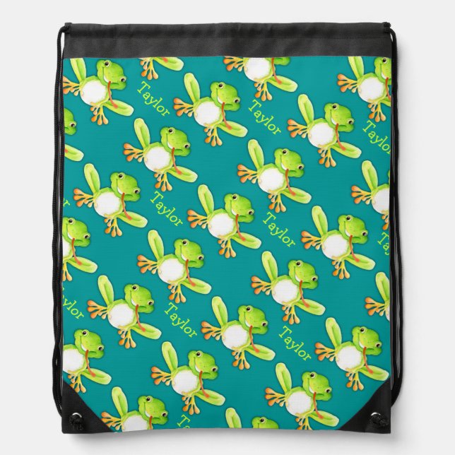 Kids sports green frog name pattern drawstring bag (Front)