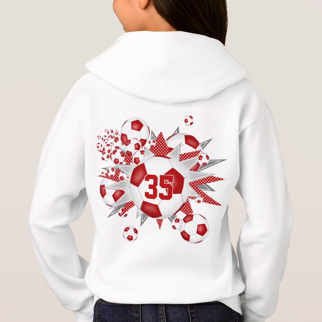 Kids sports jersey number soccer balls stars red hoodie