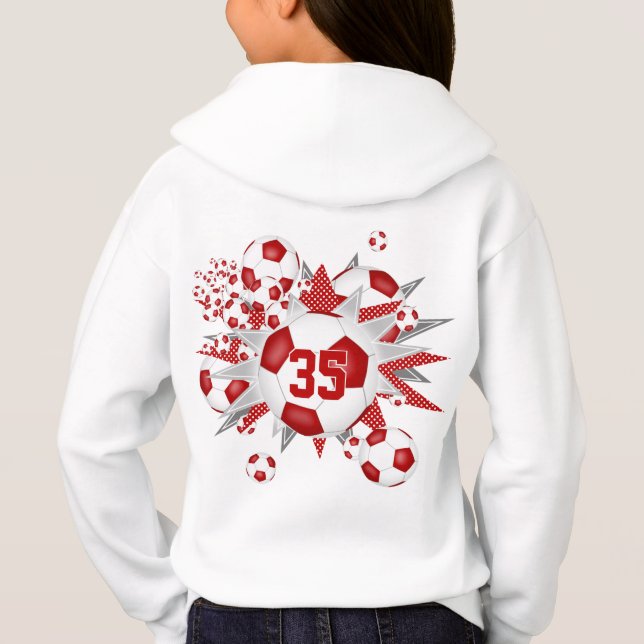 Kids sports jersey number soccer balls stars red hoodie (Back)