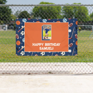 Kids Sports Pattern Blue & Orange Birthday Photo Banner