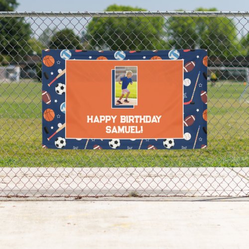 Kids Sports Pattern Blue  Orange Birthday Photo Banner