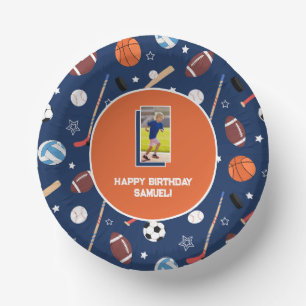 Kids Sports Pattern Blue & Orange Birthday Photo Paper Bowls