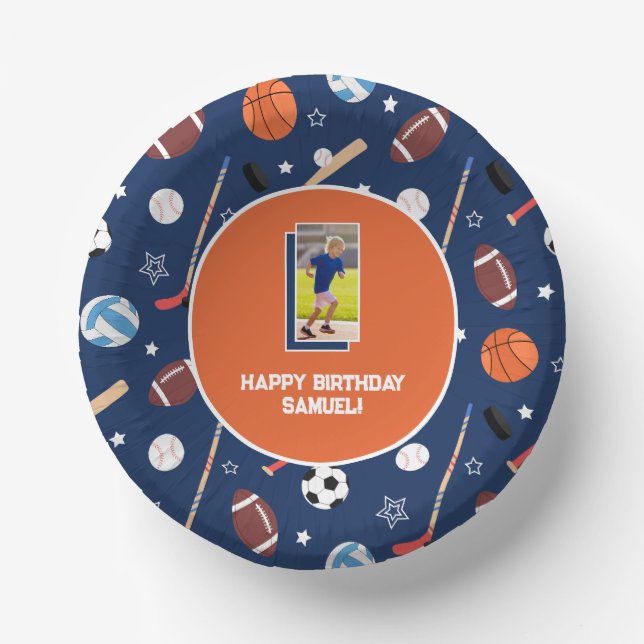 Kids Sports Pattern Blue & Orange Birthday Photo Paper Bowls (Front)