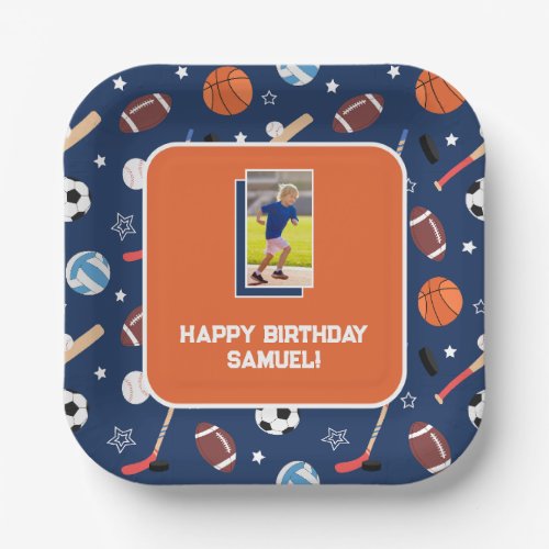 Kids Sports Pattern Blue  Orange Birthday Photo Paper Plates